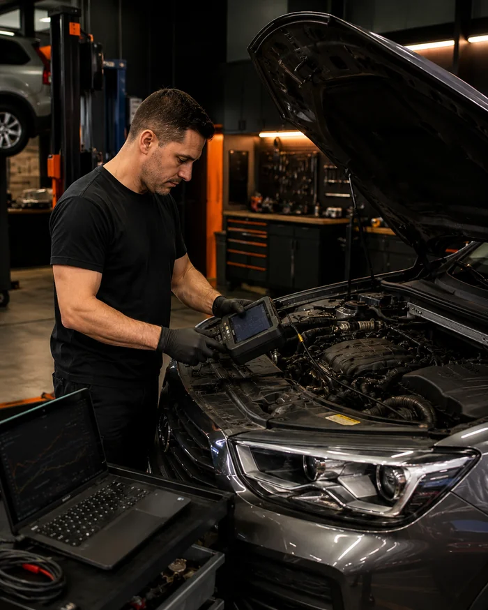 Mecânico realizando diagnóstico eletrônico em veículo na Point Motors